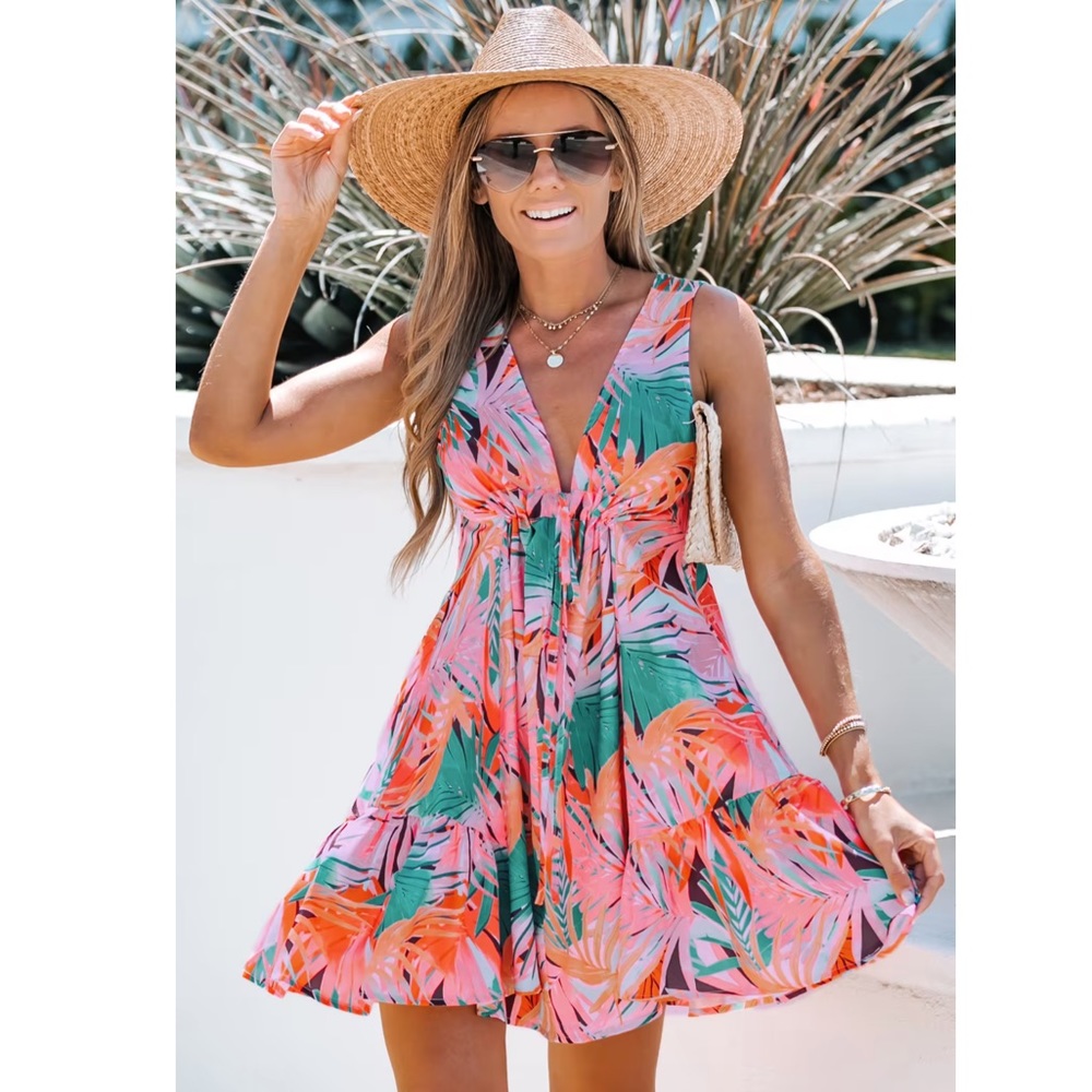 Cupshe Tropical Pink Green Orange V-Neck Mini Dress